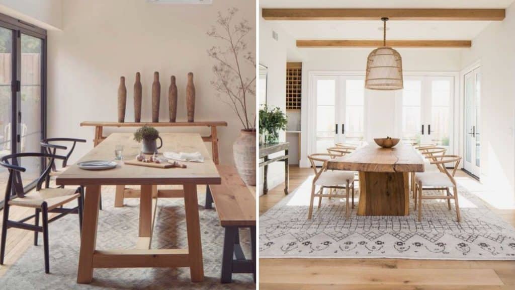 Combine a rustic wooden dining table with sleek, modern chairs