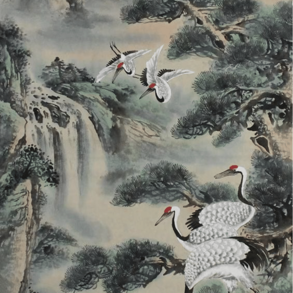 Hand-painted Chinese bird motifs on Asian style bedroom walls