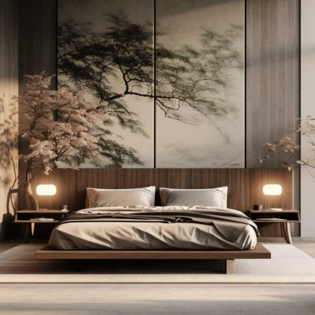 Modern Asian Bedroom Design: Mixing Dark Colors With Warm Wood 