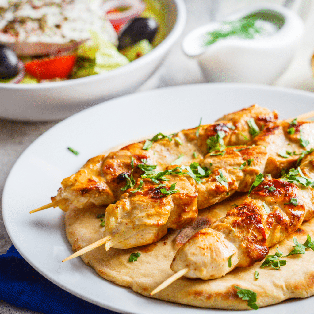 Souvlaki is a popular Greek street food and is often served with bread