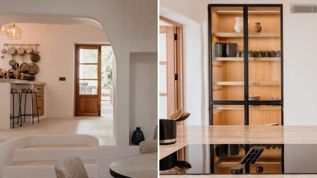 The Ibiza finca kitchen is dominated by neutral tones, with the off-white walls and light-colored flooring
