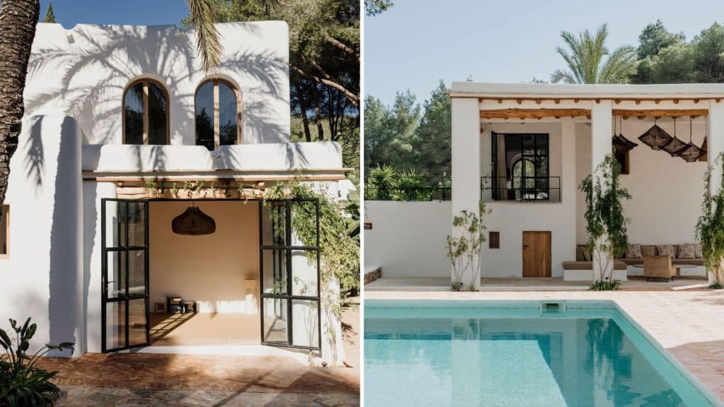 The open doorway, featuring large glass panels, invites an indoor-outdoor living experience, blurring the lines between the cozy interior and the natural exterior